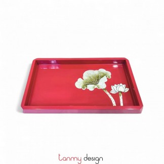 Red rectangle beveled-corner lacquer tray hand-painted with lotus 19*30*H2 cm